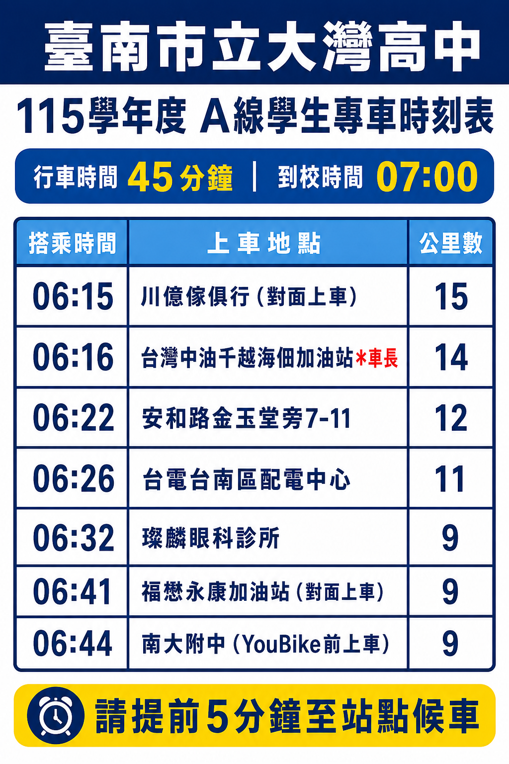 A 線候車時刻表(行車45分鐘)